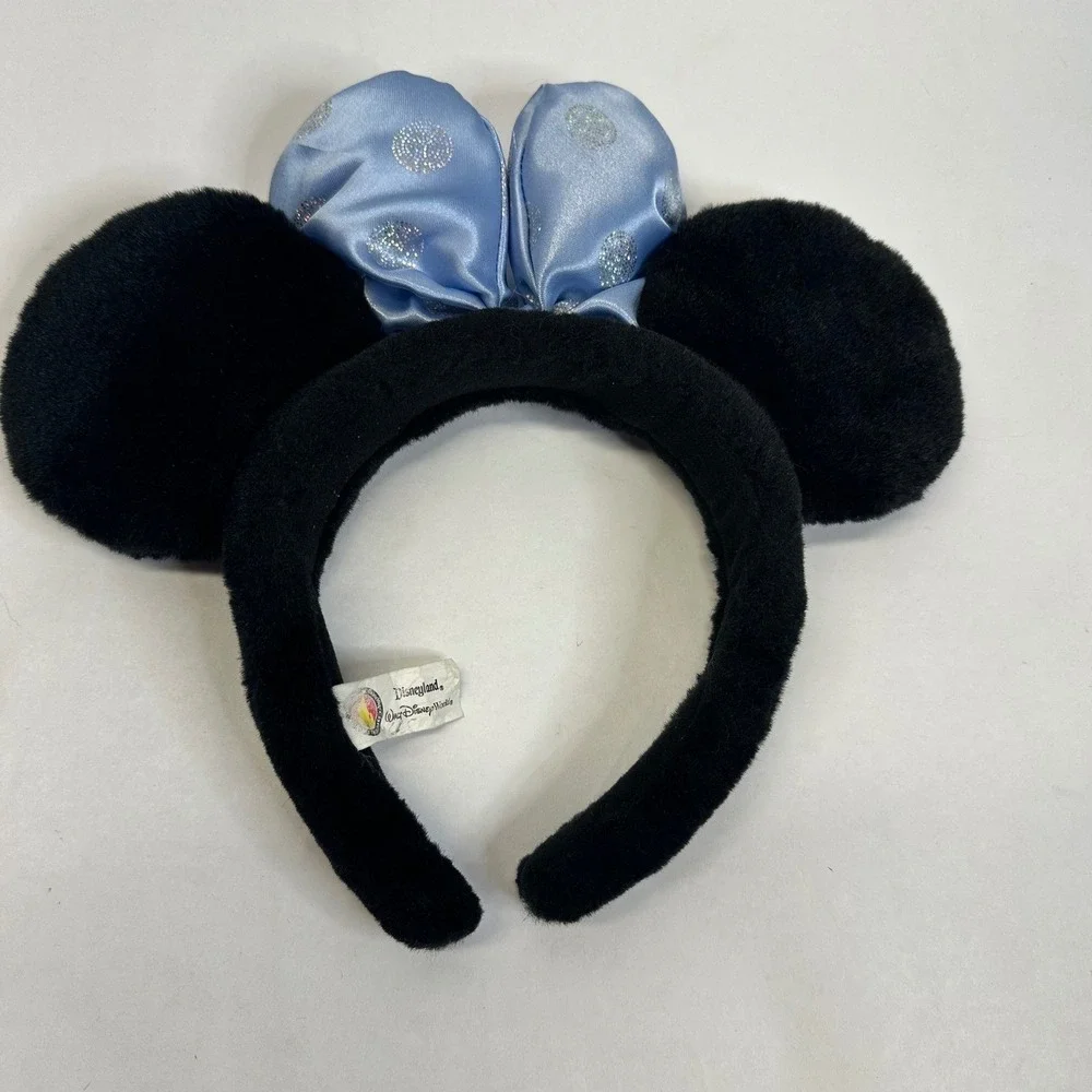 Vintage Disney Parks Minnie Mouse Ears Headband Black Blue Glitter Polka Dot Bow